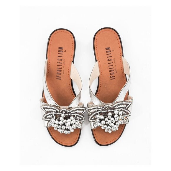 IF COLLECTION NWOB Silver Beaded Flat Sandal Slide Made in Japan - Picture 2 of 7